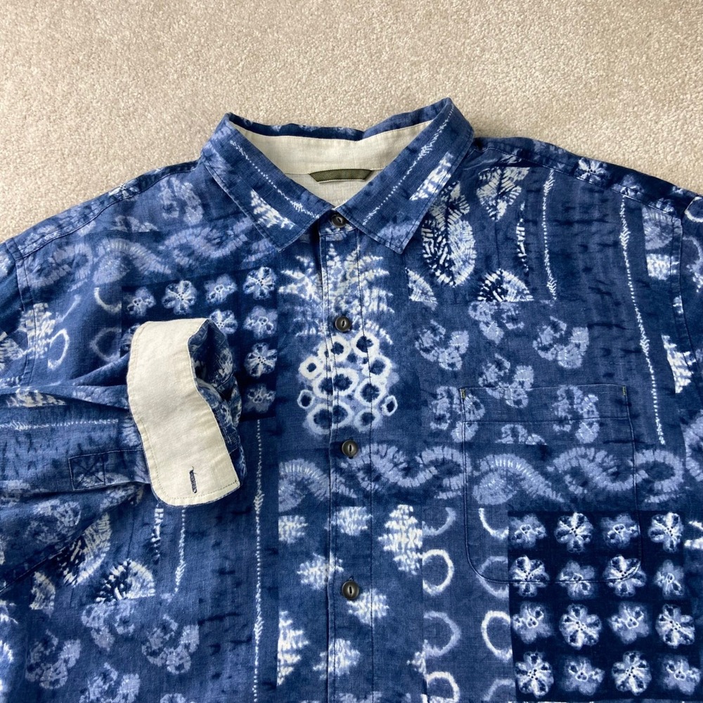 Tommy Bahama Button Up Shirt Mens XXXL Blue‎ Linen Shibori Batik Patchwork Print